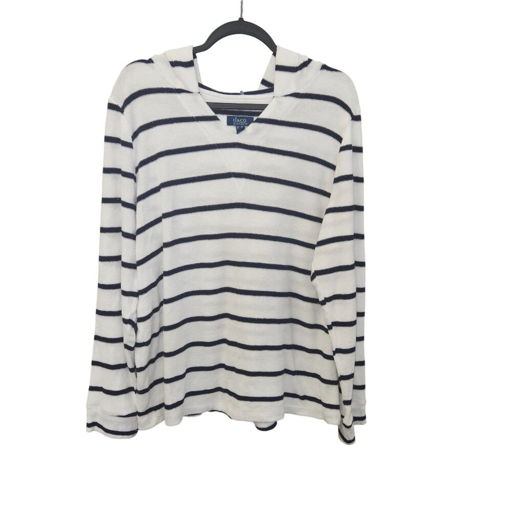 D&Co. Beach Womens L Striped Hooded Long-Sleeve Pullover Top White & Navy 2438